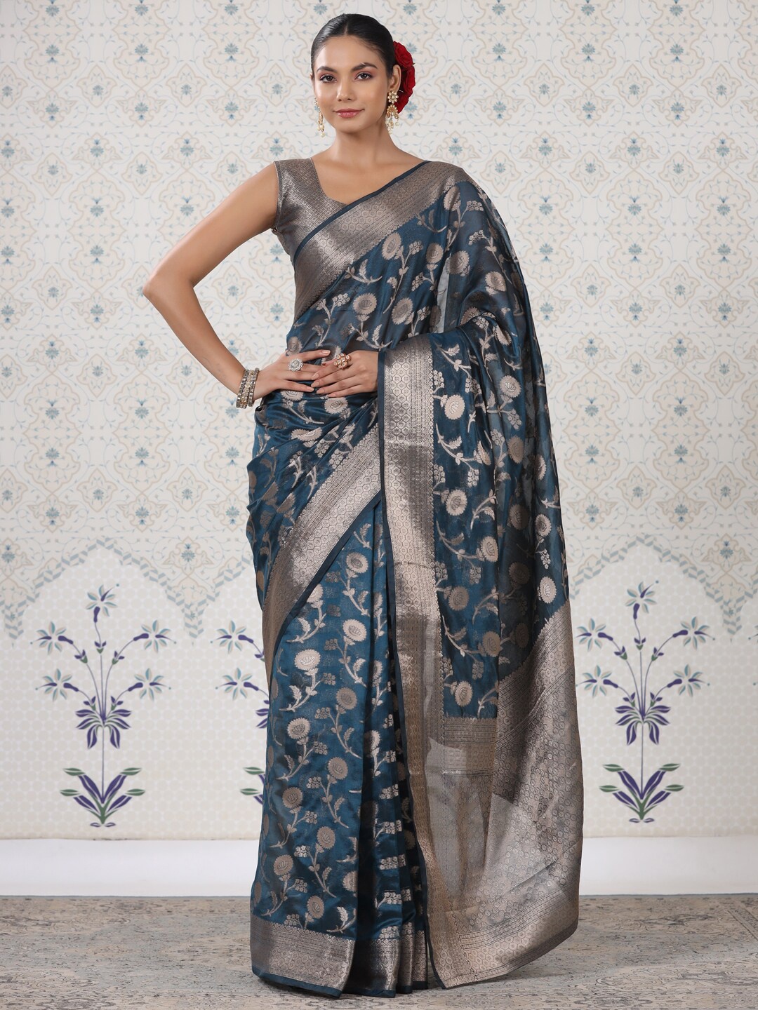 

Ode by House of Pataudi Ethnic Motifs Woven Design Zari Saree, Teal