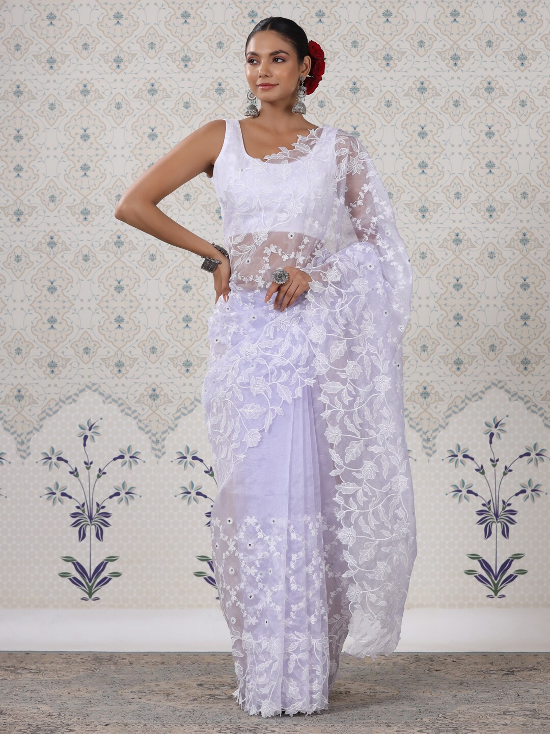 

Ode by House of Pataudi Purple Floral Embroidered Organza Saree