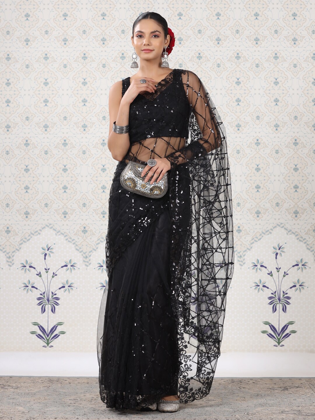 

Ode by House of Pataudi Embellished Sequinned Pure Georgette Designer Saree, Black
