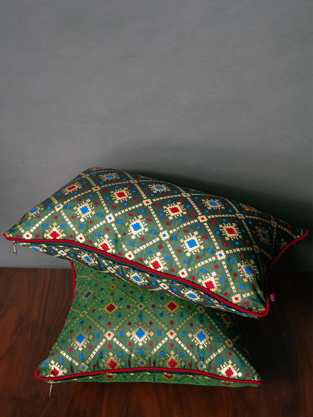 

RoyalDeco Green Ethnic Motifs Brocade Square Cushion Cover