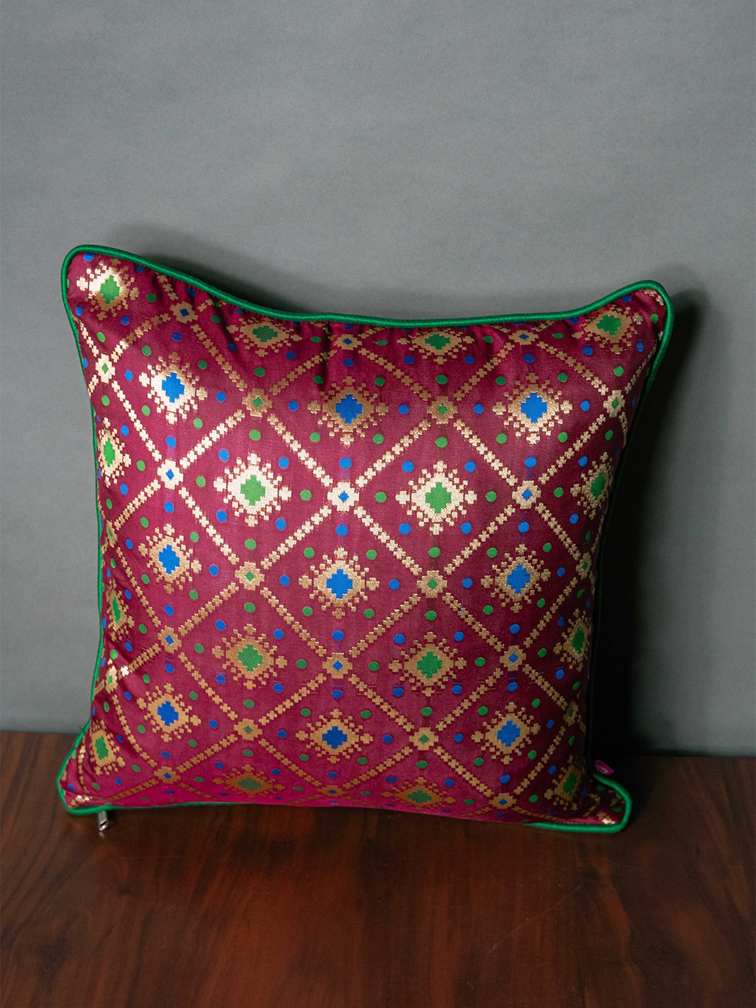 

RoyalDeco Burgundy & Green Geometric Square Cushion Covers