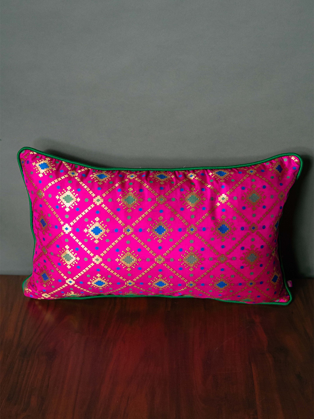 

RoyalDeco Pink & Green Ethnic motifs Brocade Square Cushion Cover