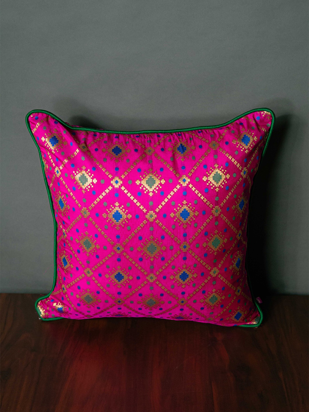 

RoyalDeco Pink & Green 2 Pieces Brocade & Zari Geometric Square Cushion Covers
