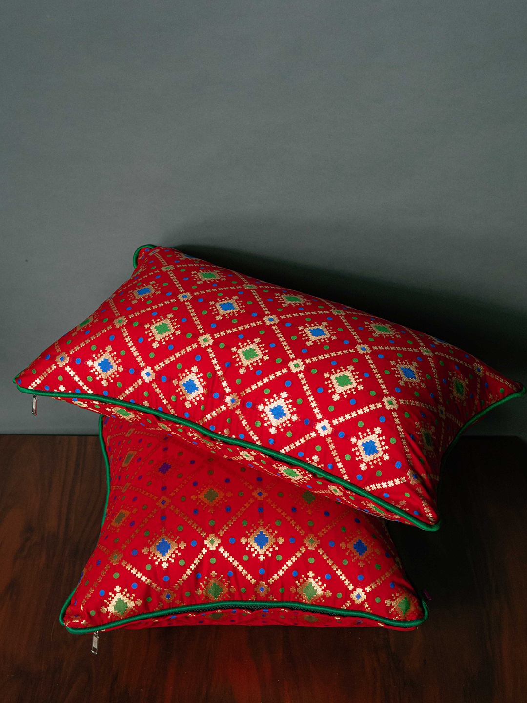 

RoyalDeco Assorted Red & Green Ethnic motifs Brocade Square Cushion Covers