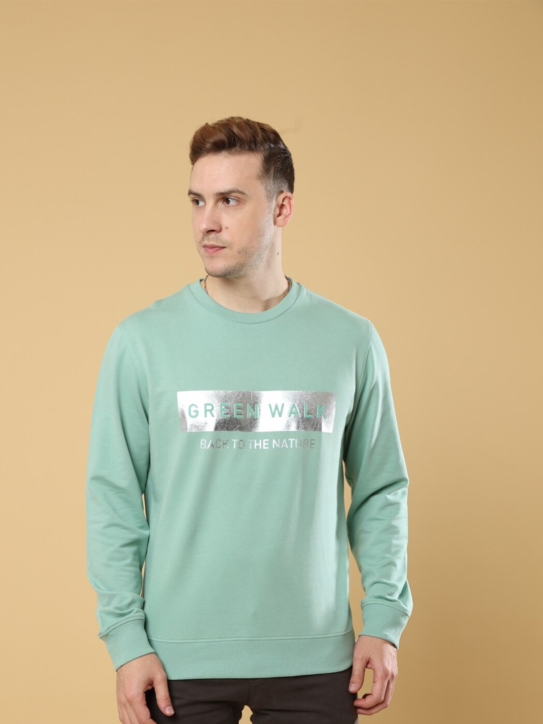 

Melvin Jones Typography Printed Round Neck Long Sleeves Cotton Pullover Sweatshirt, Green