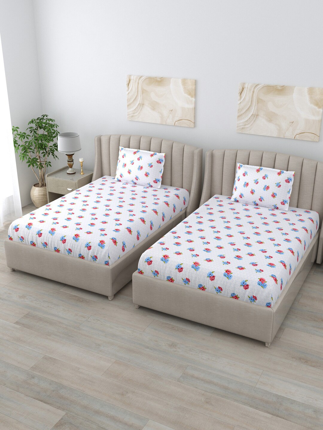 

BOMBAY DYEING Vintage White Floral Cotton 180 TC 2 Single Bedsheet with 2 Pillow Covers