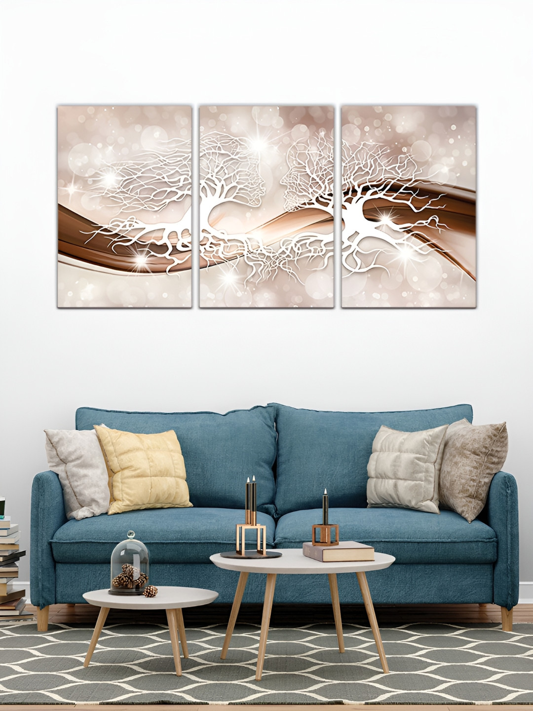 

MITHILA Handicrafts Cream & Coffee Brown 3 Pieces Tree Love Canvas Painting Wall Art