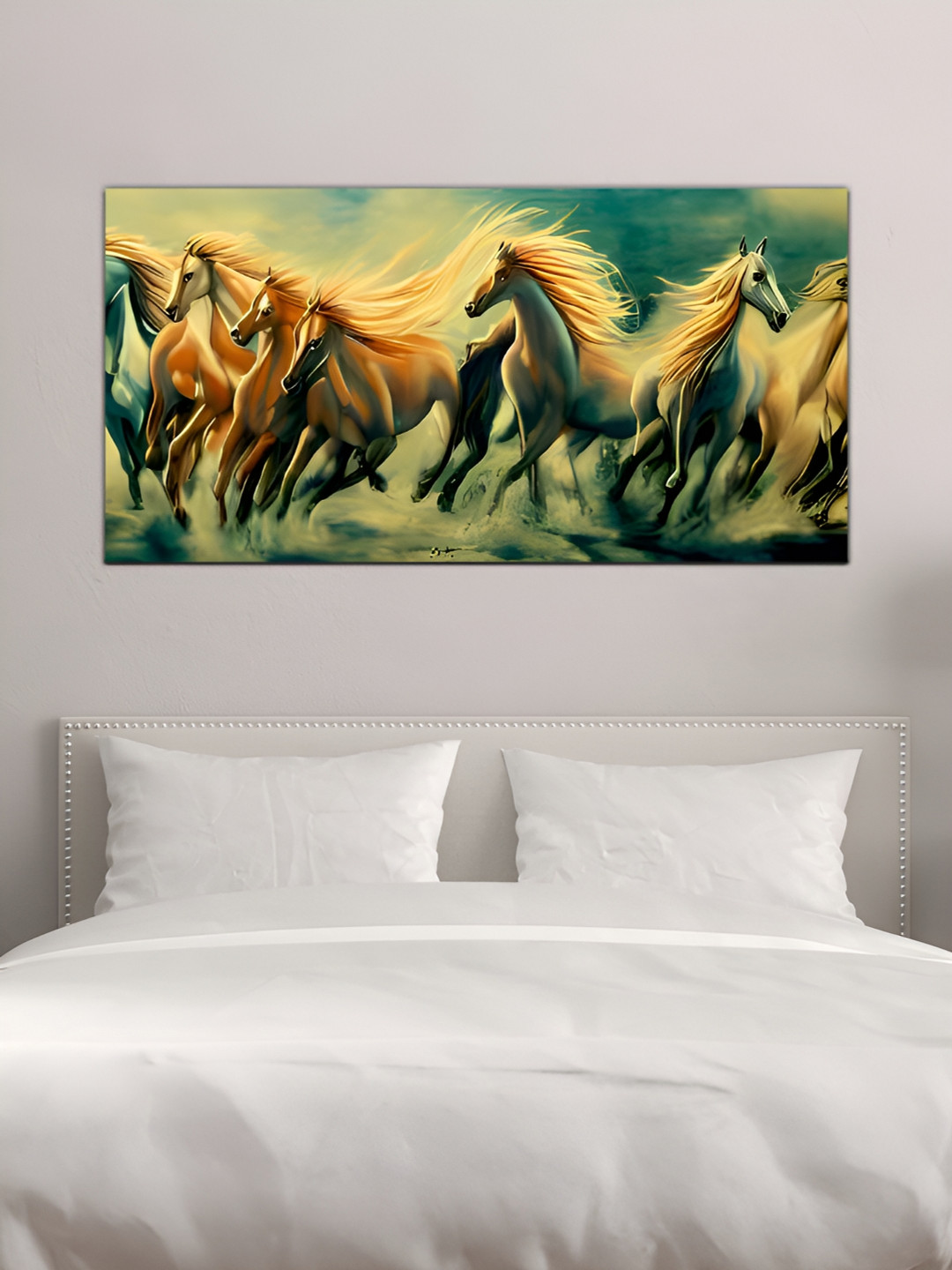 

MITHILA Handicrafts Camel Brown & Sea Green Running Horse Canvas Painting Wall Art