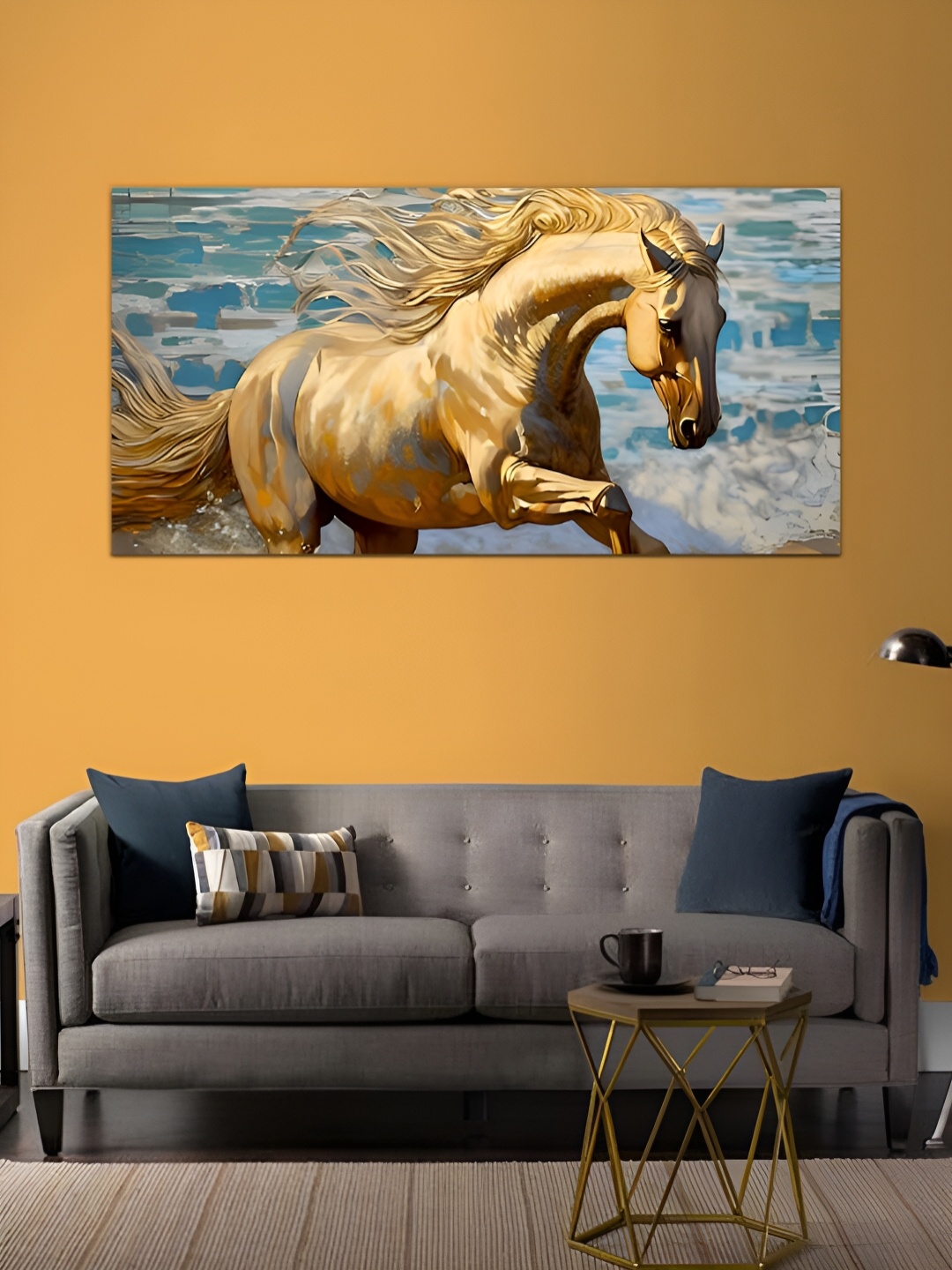 

MITHILA Handicrafts Horse Canvas Animal Painting Wall Art, Gold