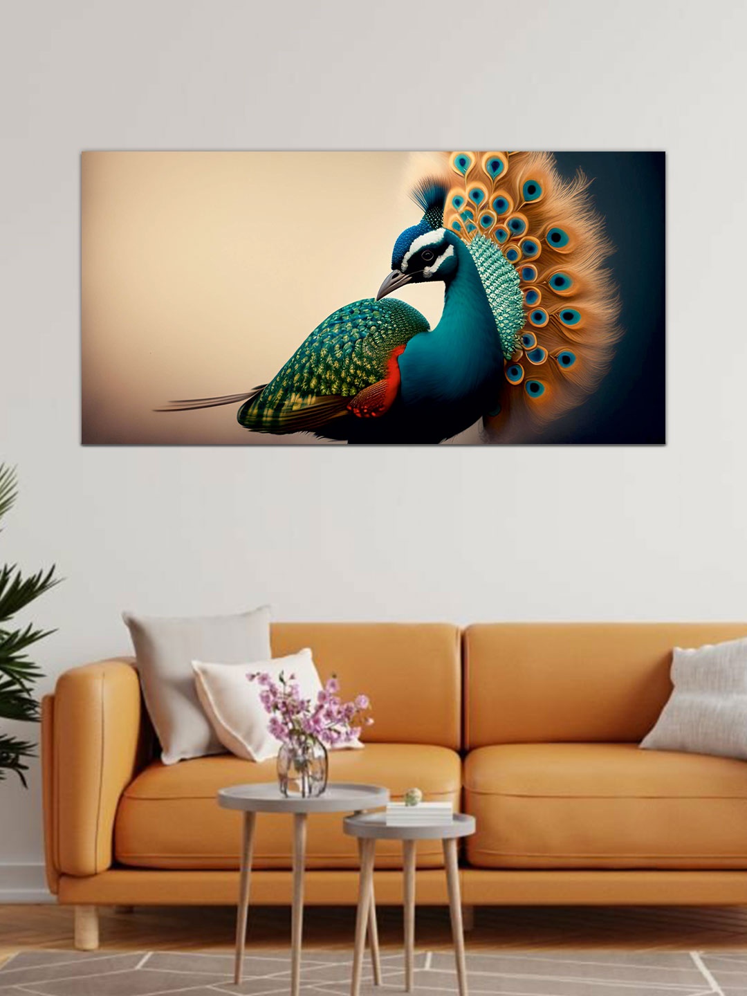

MITHILA Handicrafts Peacock Canvas Painting Wall Art, Orange