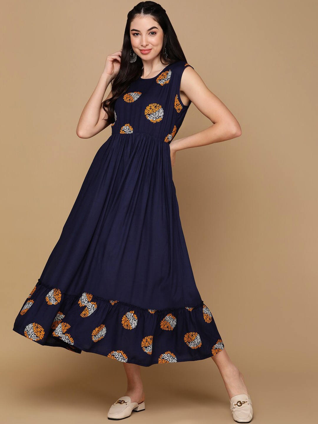 

KALINI Ethnic Motifs Printed Fit & Flare Midi Dress, Navy blue