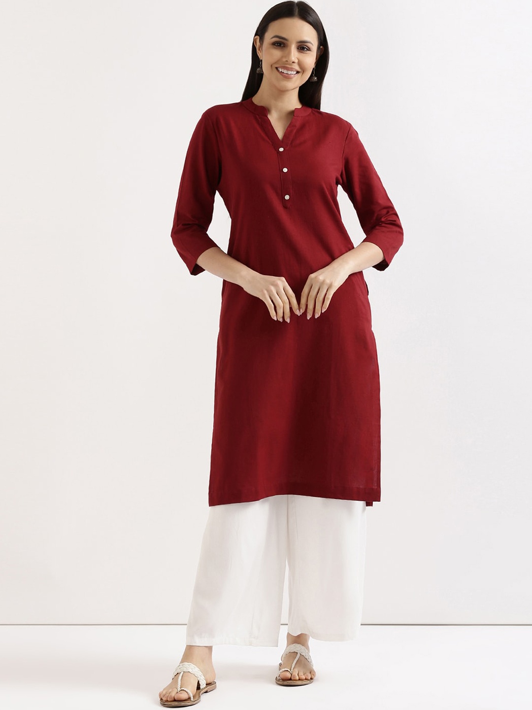 

SAADAA Mandarin Collar Cotton Linen Straight Kurta, Maroon