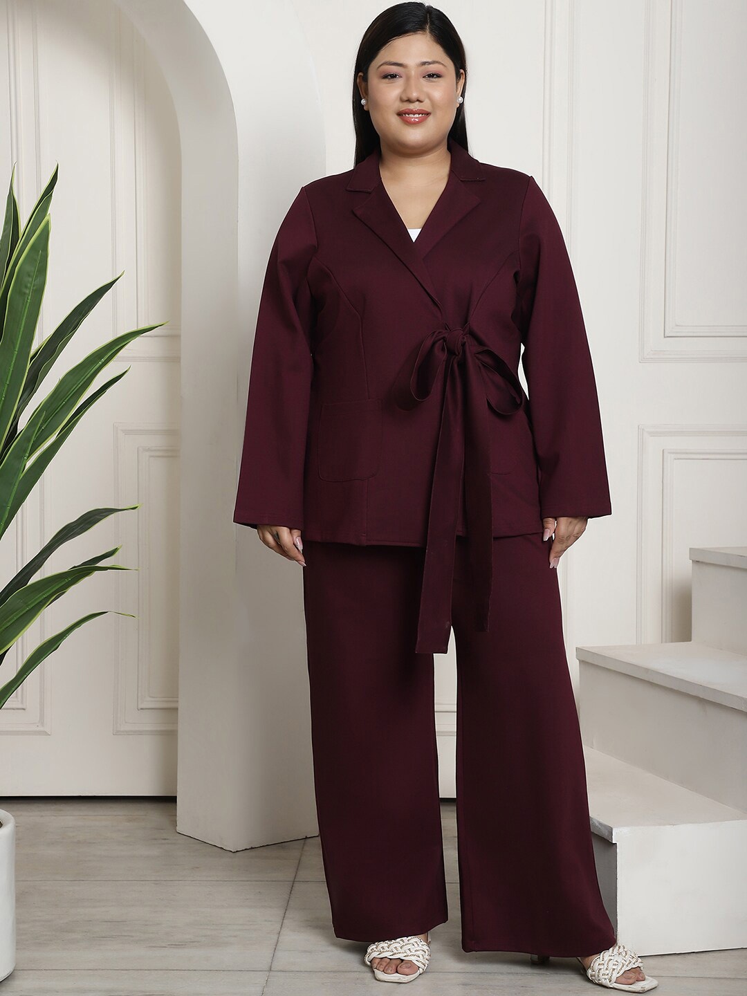 

theRebelinme Notched Lapel Collar Cotton Coat With Trousers Co-Ords, Burgundy