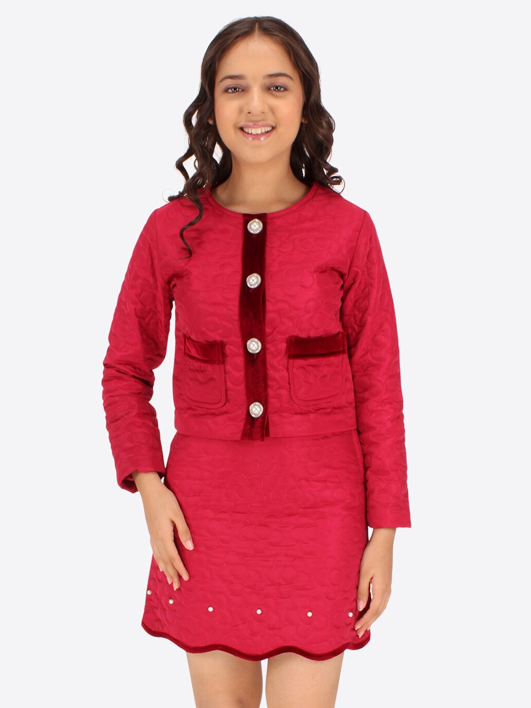 

CUTECUMBER Girls Round Neck Coat With Skirt, Red