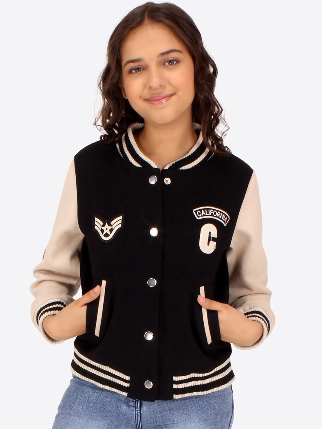 

CUTECUMBER Girls Typography Printed Fleece Varsity Jacket, Black