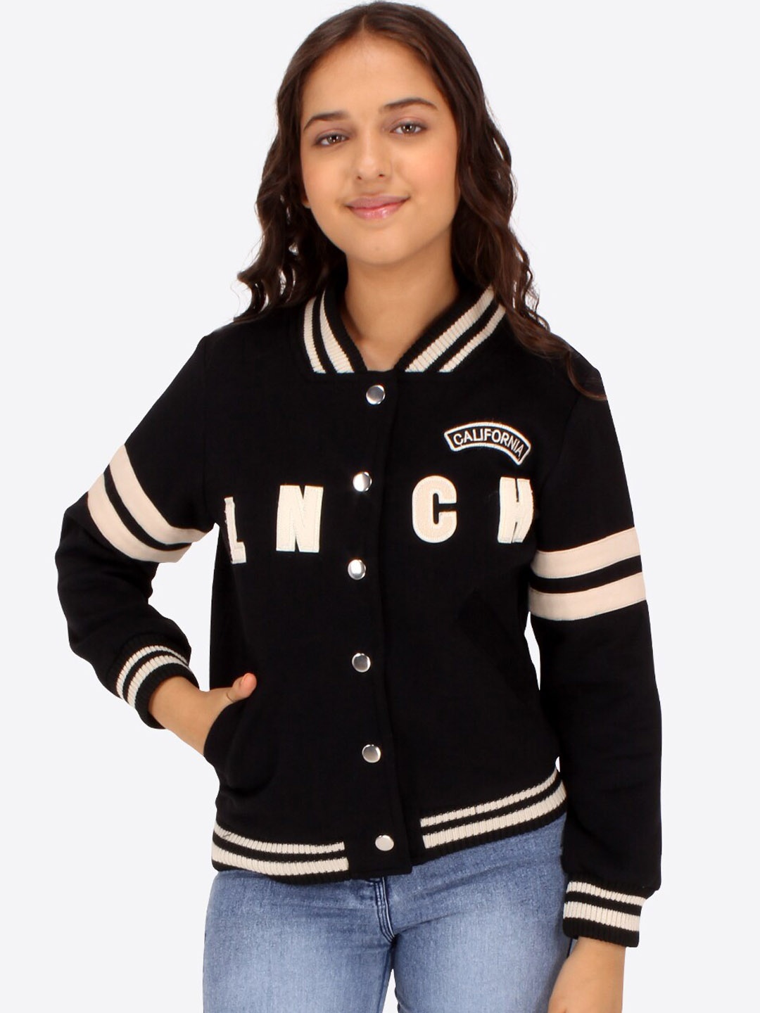 

CUTECUMBER Girls Printed Fleece Varsity Jacket, Black