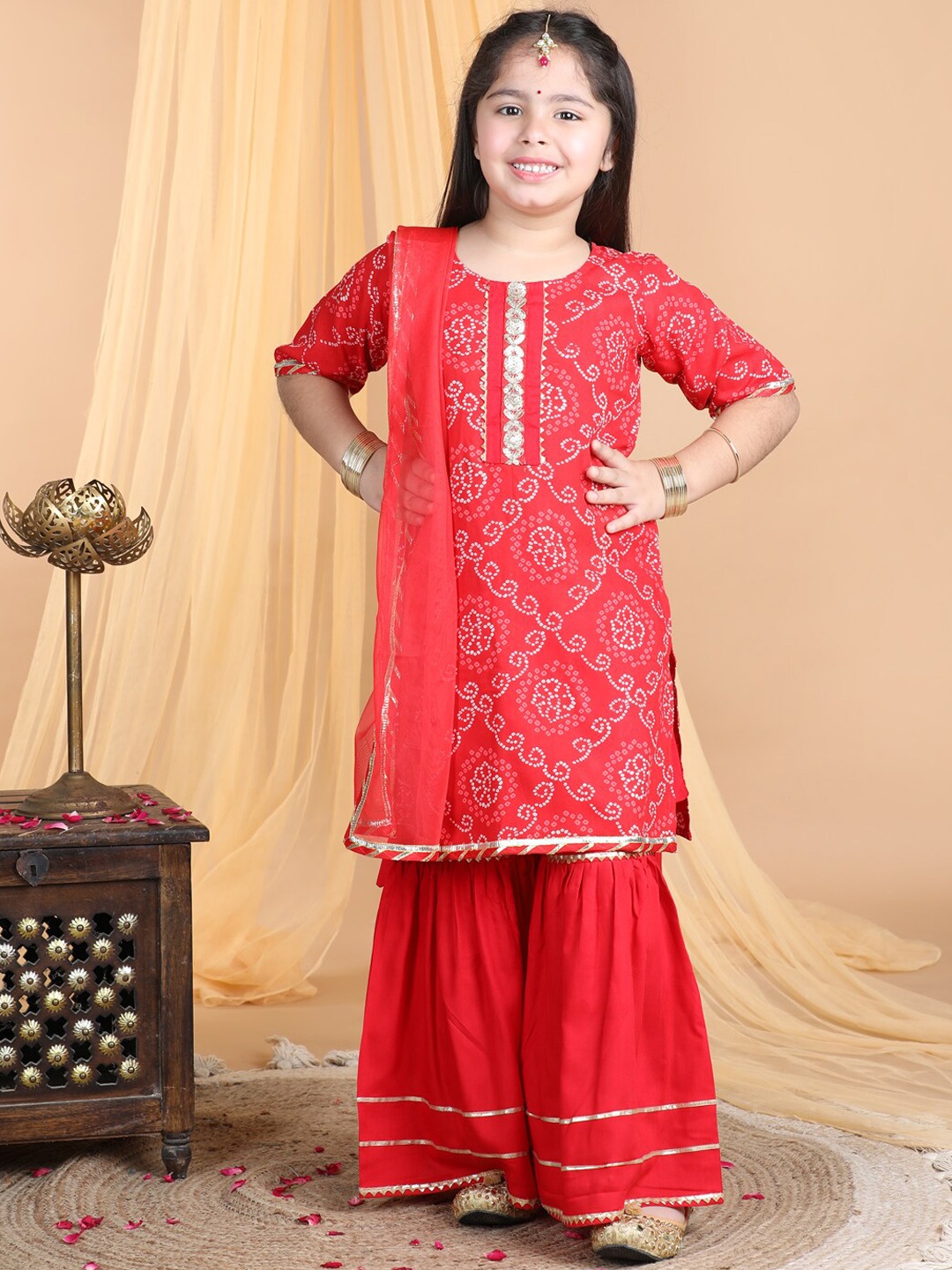 

Sangria Girls Ethnic Motifs Printed Pure Cotton Kurta With Sharara & Dupatta, Red