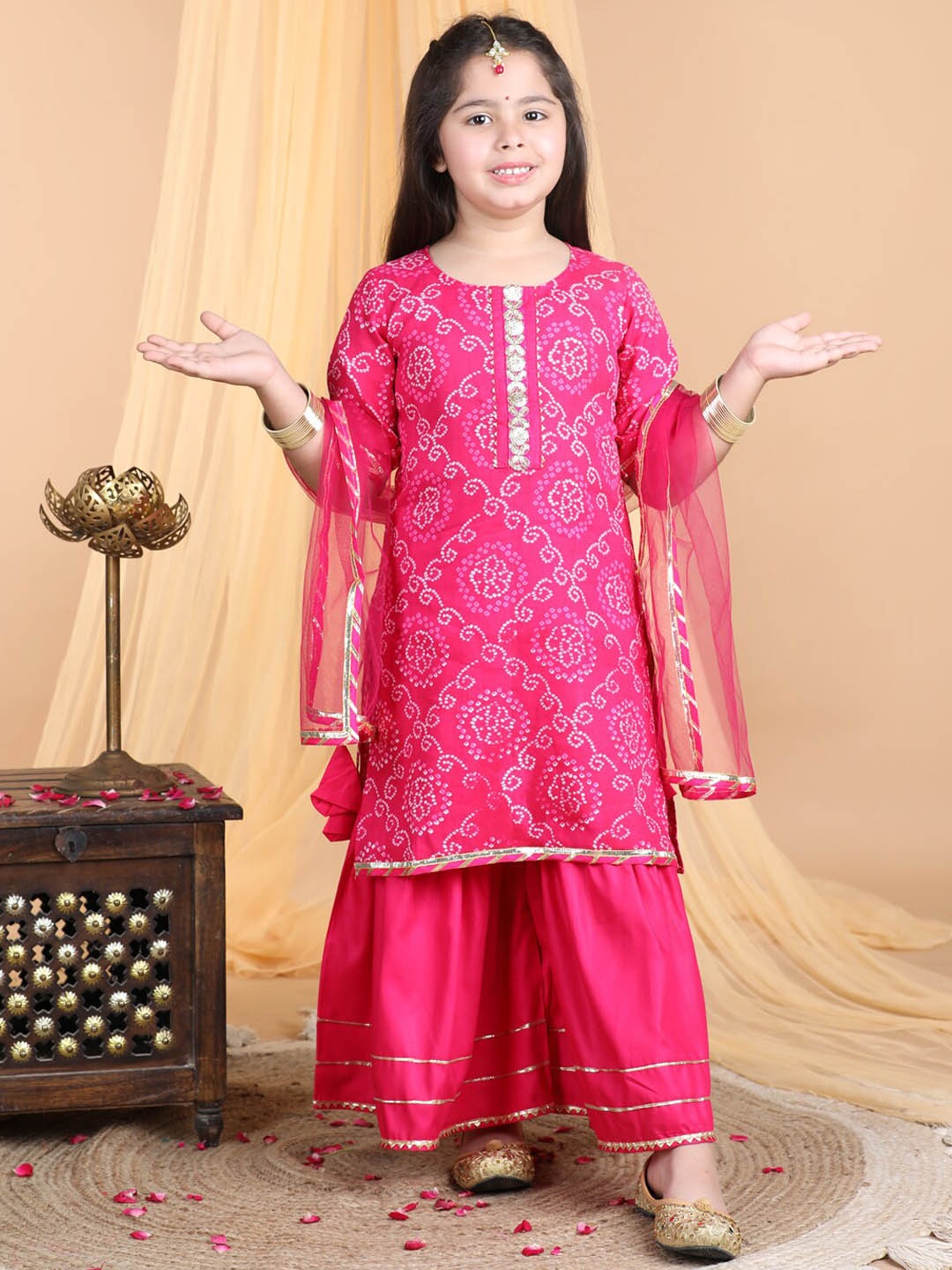 

Sangria Girls Bandhani Printed Pure Cotton Straight Kurta With Sharara & Dupatta, Pink