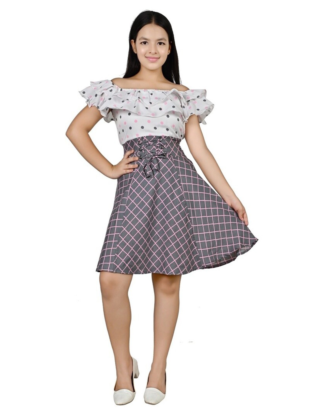 

BAESD Girls Checked Off-Shoulder Ruffles Detailed Fit & Flare Dress, Grey