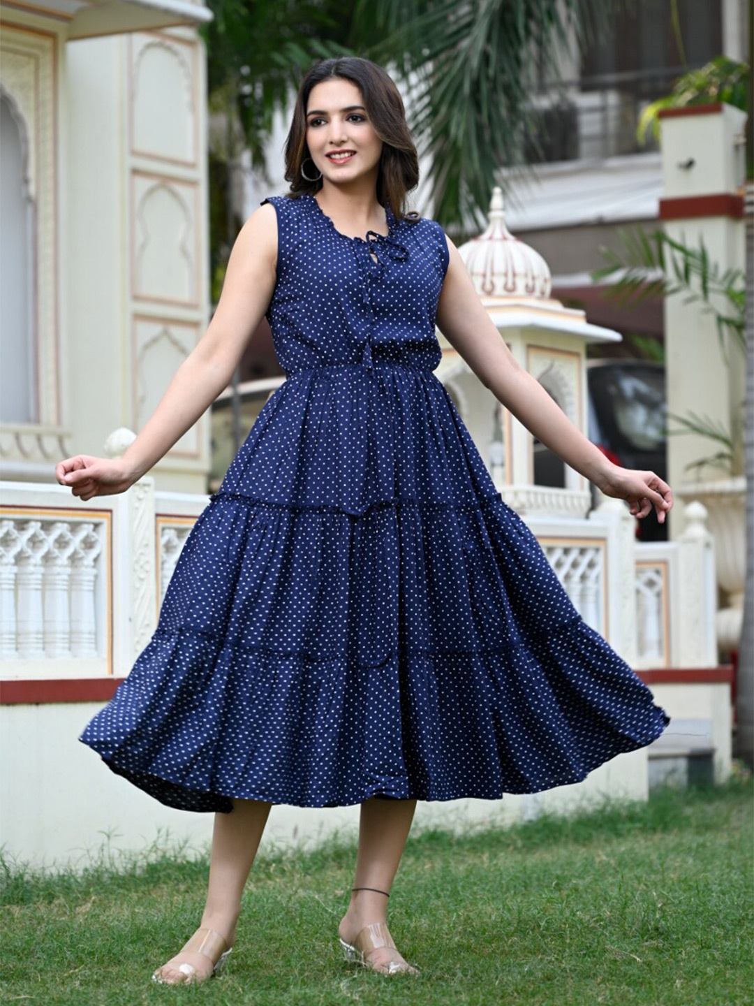 

DAEVISH Polka Dots Printed Liva Tie-Up Neck Tiered Fit & Flare Dress, Blue