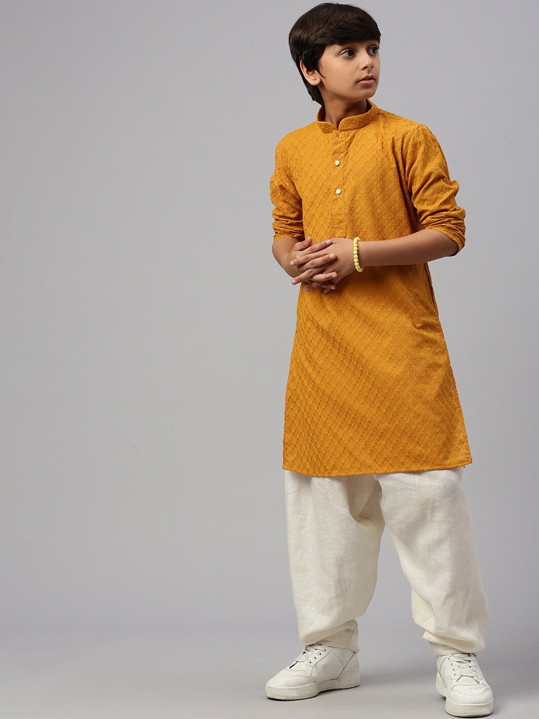 

Sangria Boys Ethnic Motifs Embroidered Chikankari Cotton Kurta, Mustard