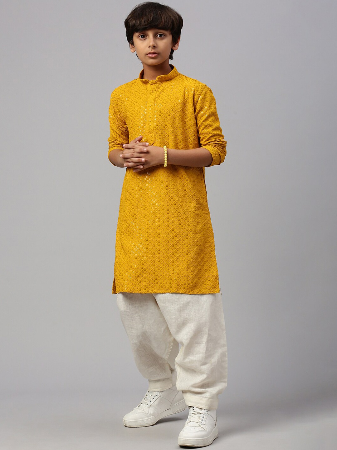 

Sangria Boys Ethnic Motif Embroidered Chikankari Pure Cotton Straight Kurtas, Mustard