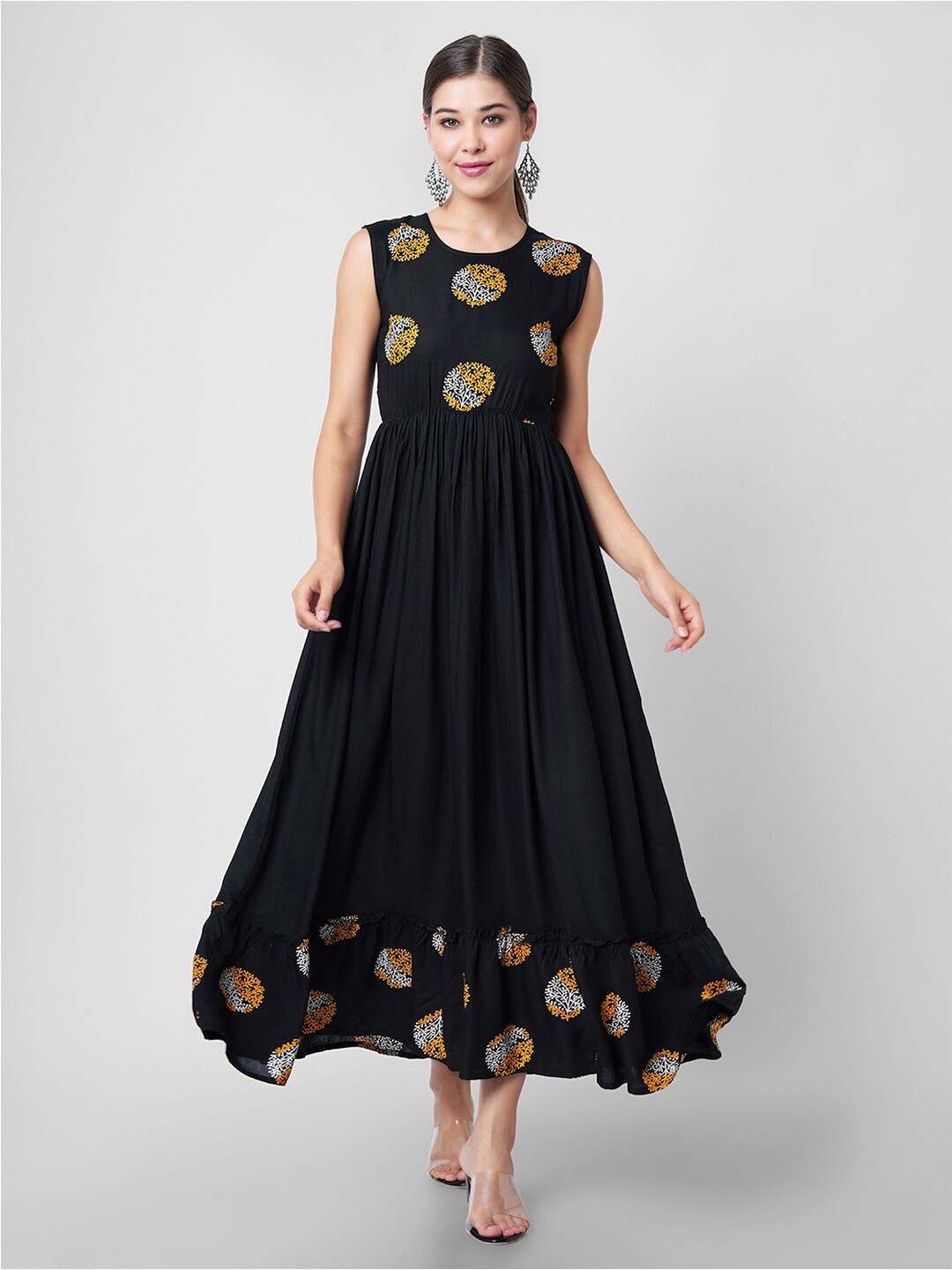 

KALINI Ethnic Motifs Printed Fit & Flare Midi Dress, Black