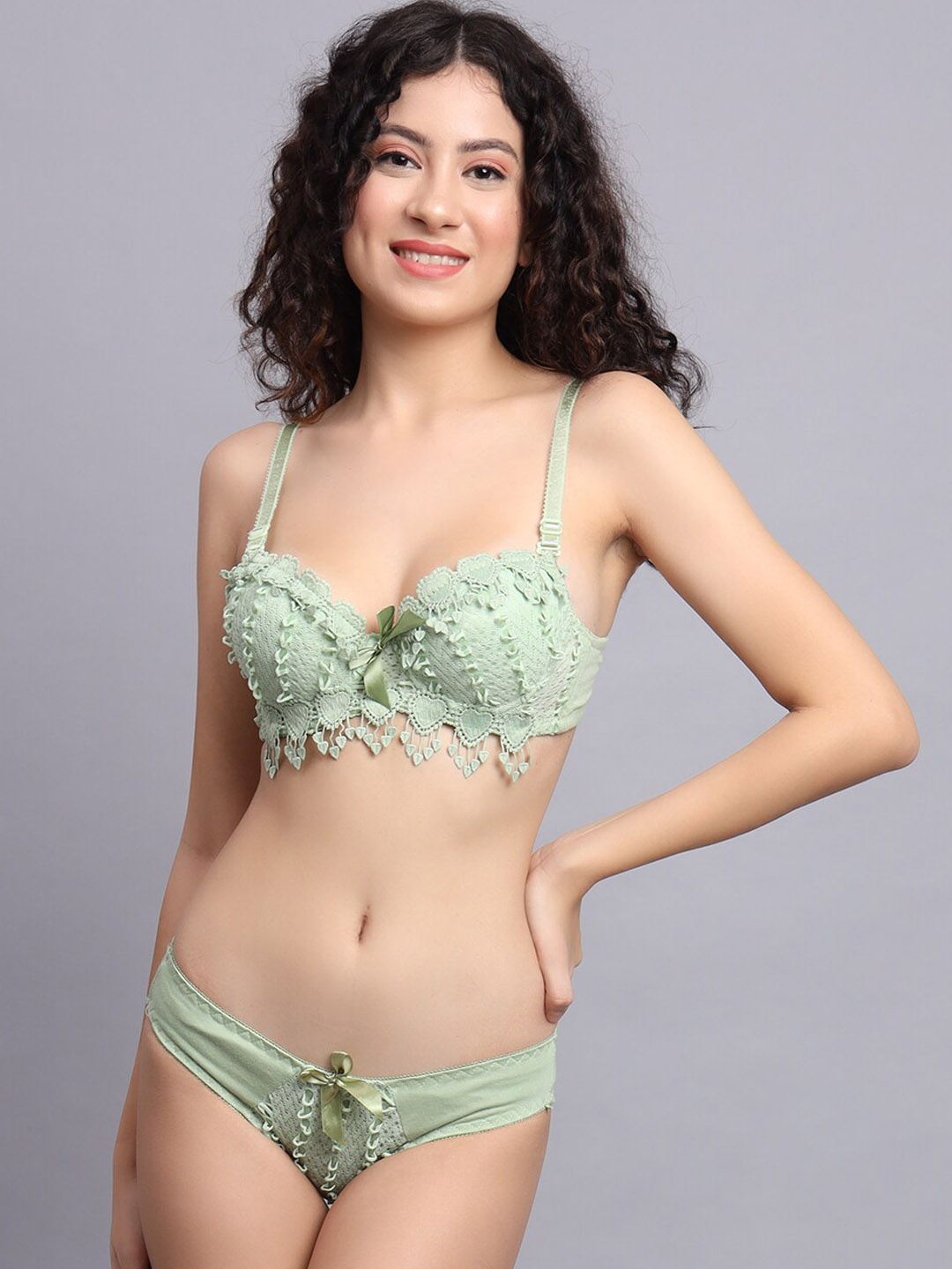 

Nakshu Lace Self Design Lightly Padded Bra With Basic Brief, Green