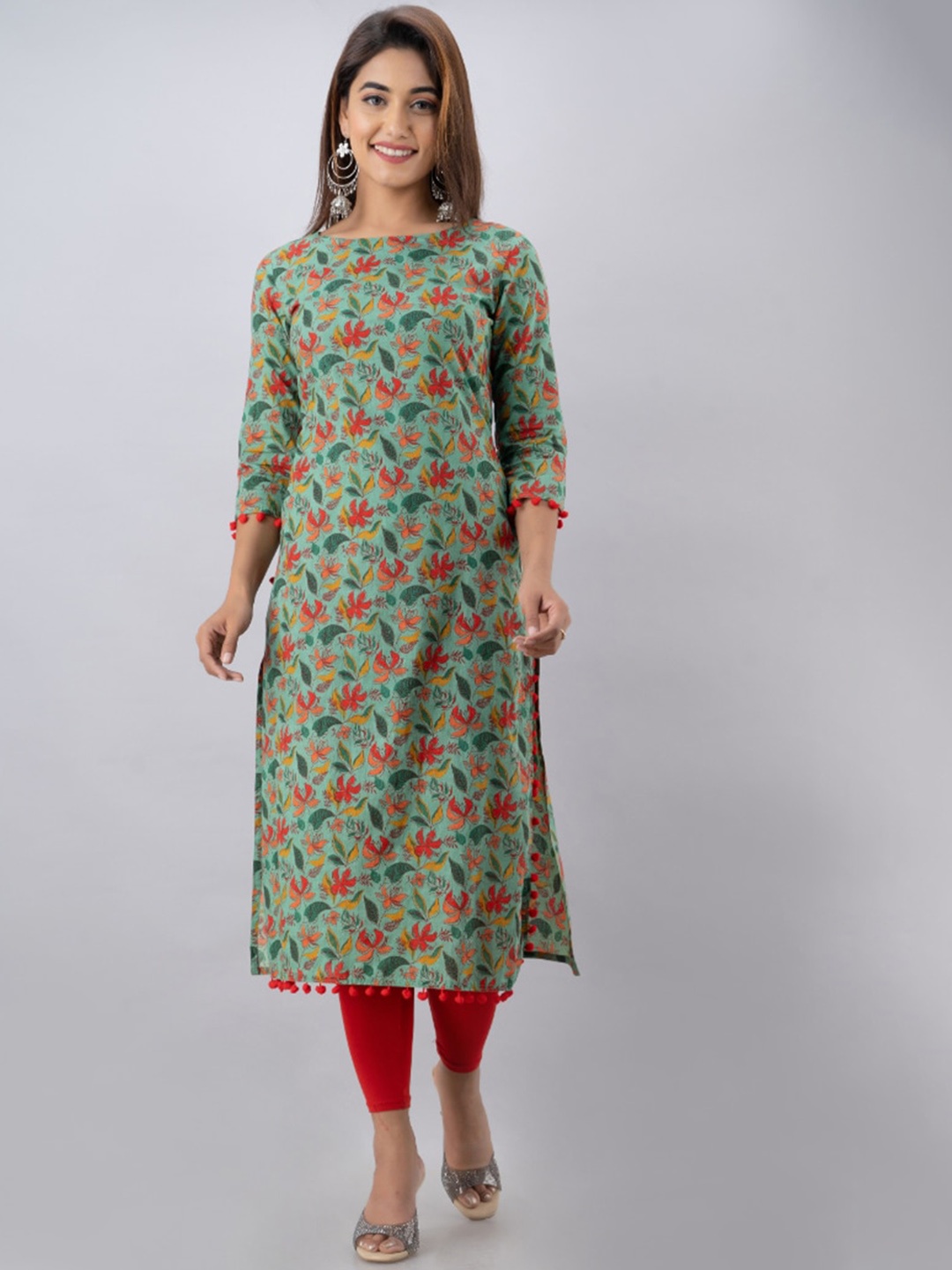 

BAESD Floral Printed Boat Neck Kurta, Green