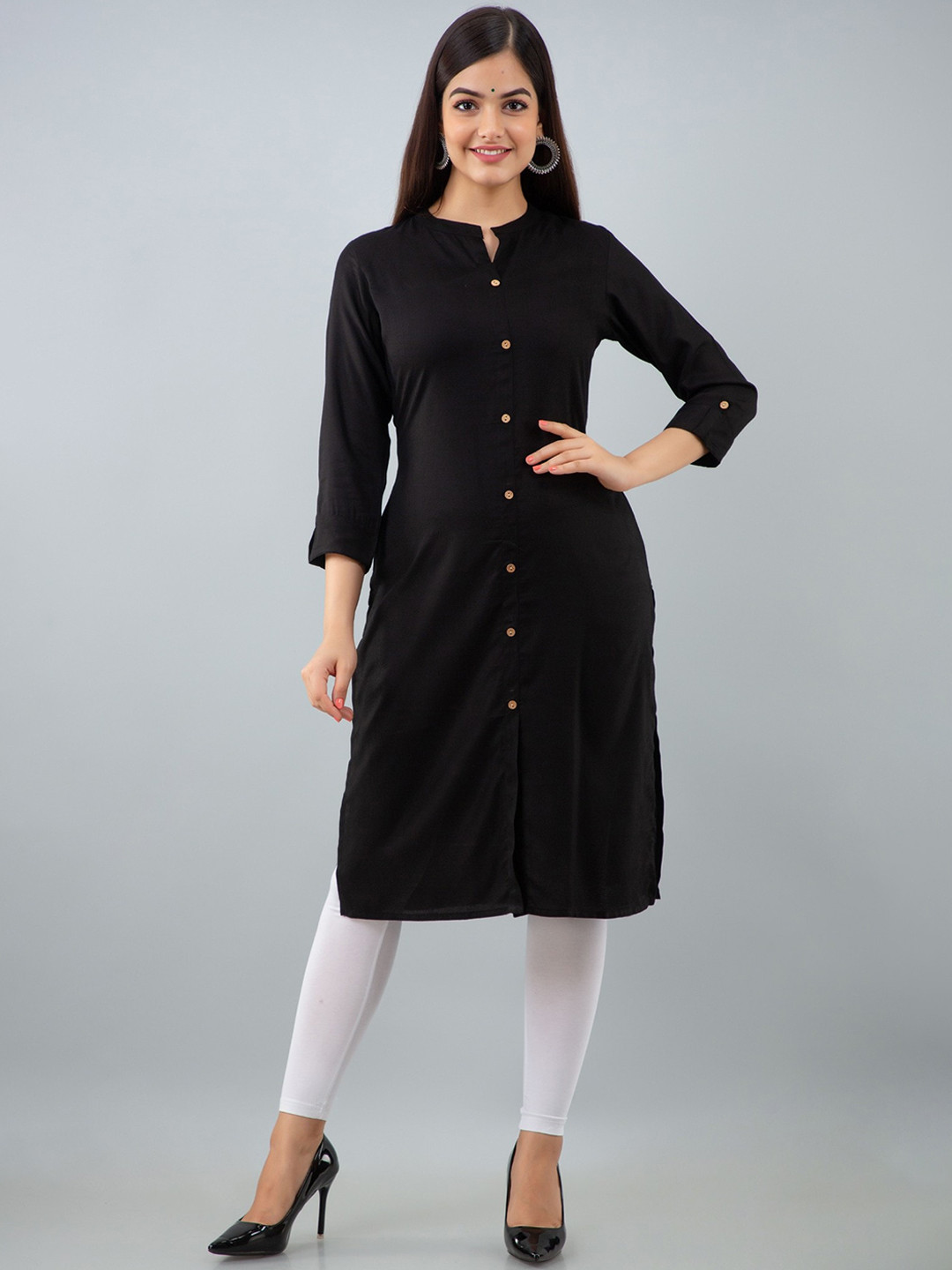 

BAESD Mandarin Collar Roll-Up Sleeves Kurta, Black