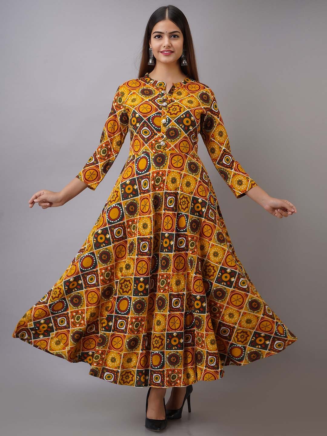 

BAESD Ethnic Motifs Printed Mandarin Collar Cotton Maxi Ethnic Dress, Mustard