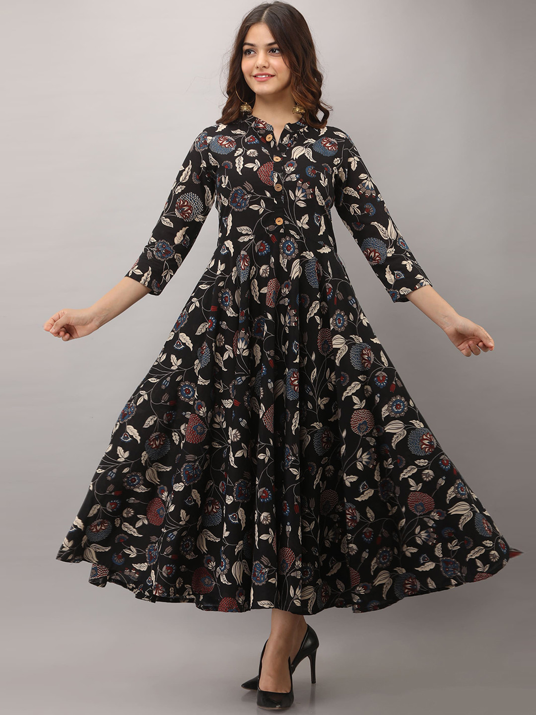 

BAESD Floral Printed Mandarin Collar Cotton Fit & Flare Ethnic Dress, Black