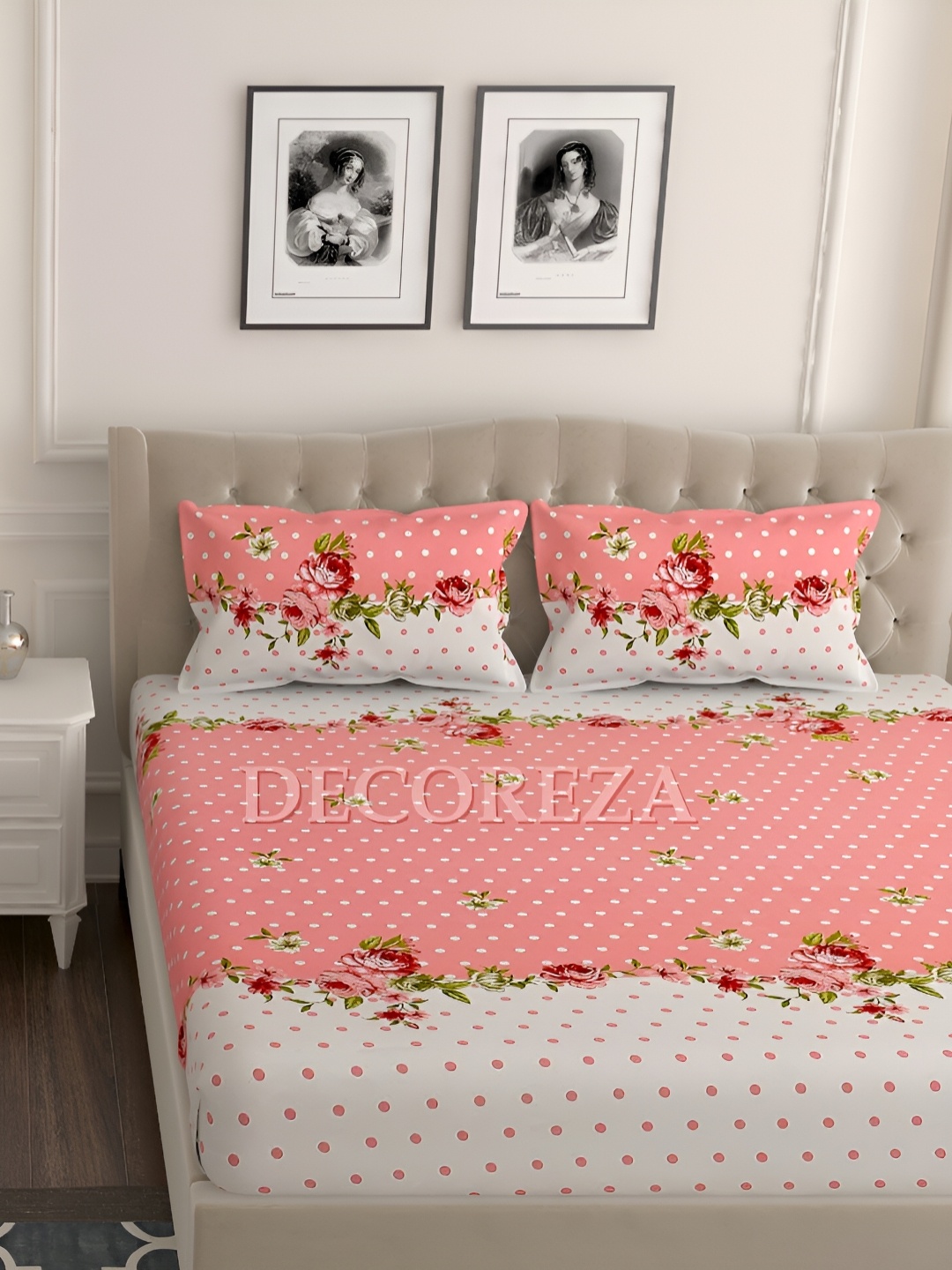 

DECOREZA Pink Floral King Bedsheet With 2 Pillow Covers