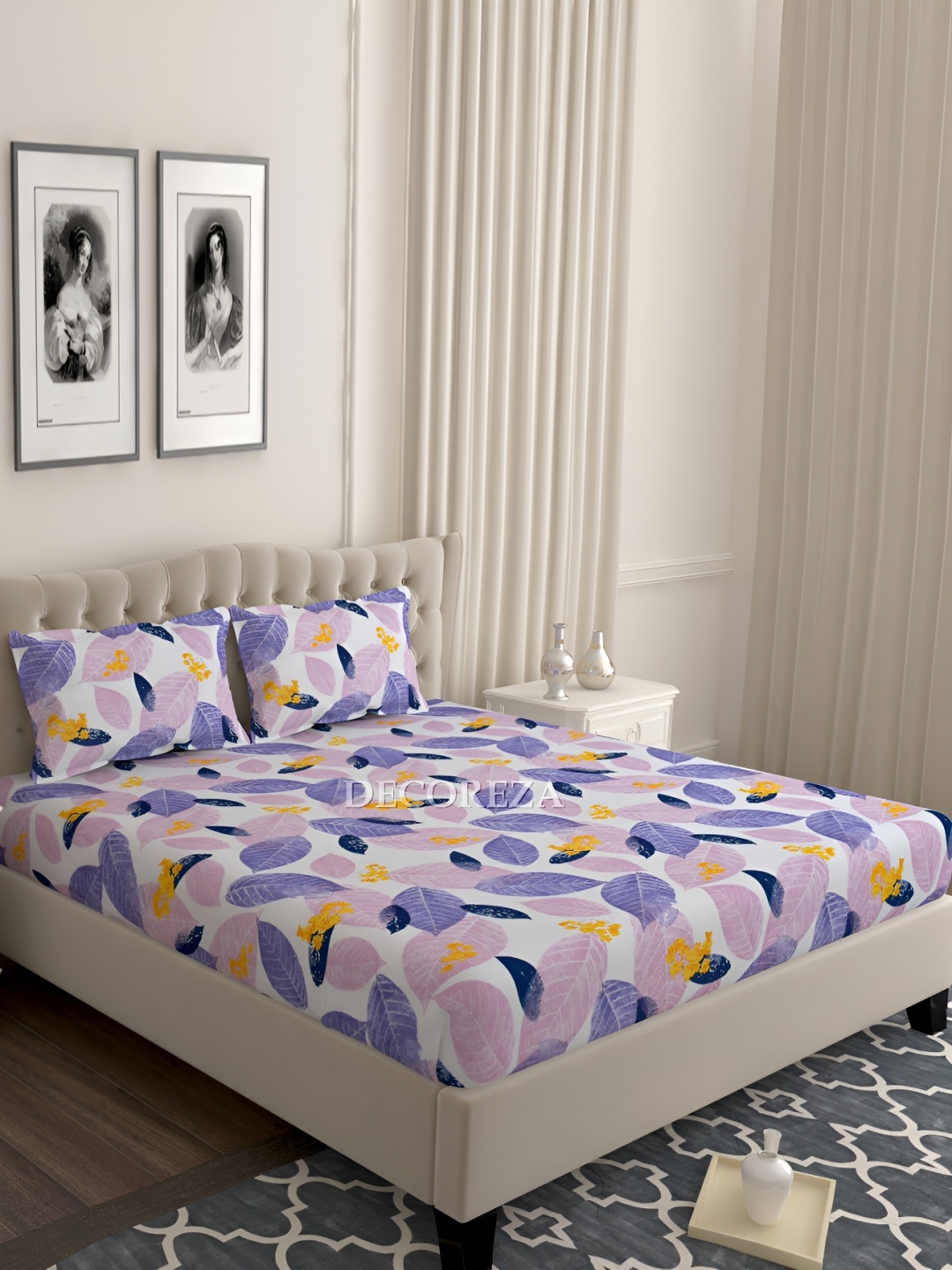 

DECOREZA White & Blue Floral Fitted Cotton 240 TC King Bedsheet with 2 Pillow Covers