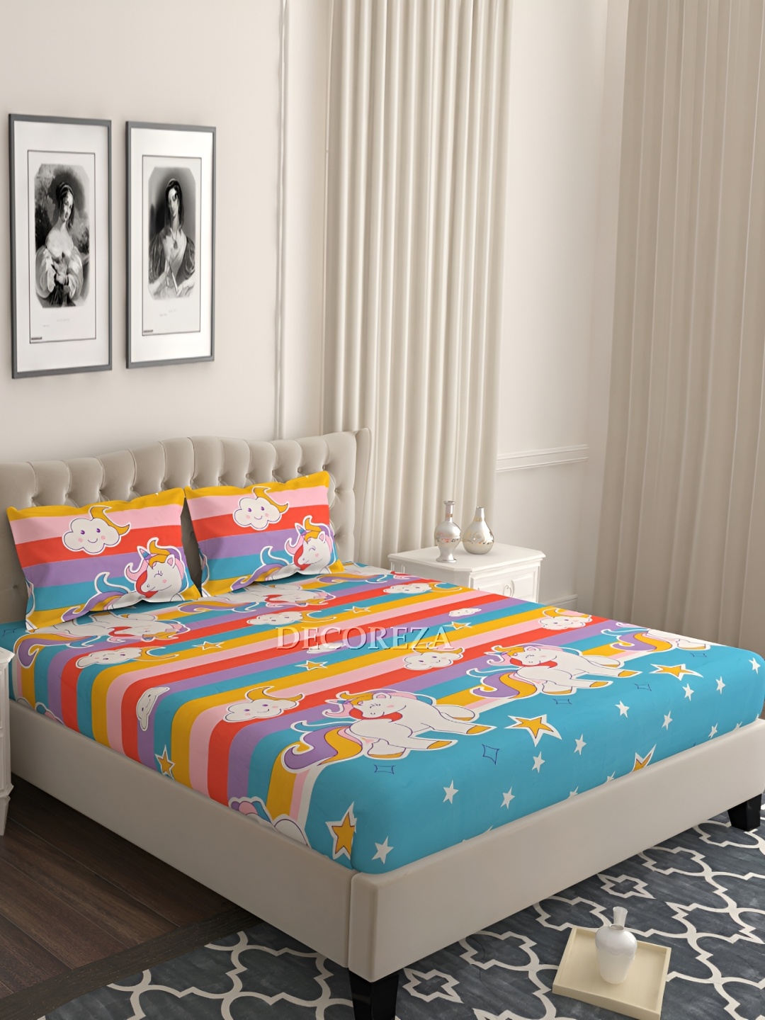 

DECOREZA Blue& Yellow Cartoon Characters Cotton 240 TC King Bedsheet with 2 Pillow Covers