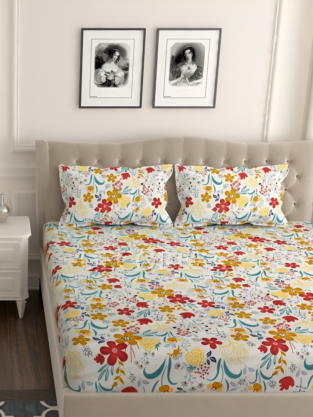 

DECOREZA White Blue 240 TC Cotton Floral Fitted King Bedsheet with 2 Pillow Covers