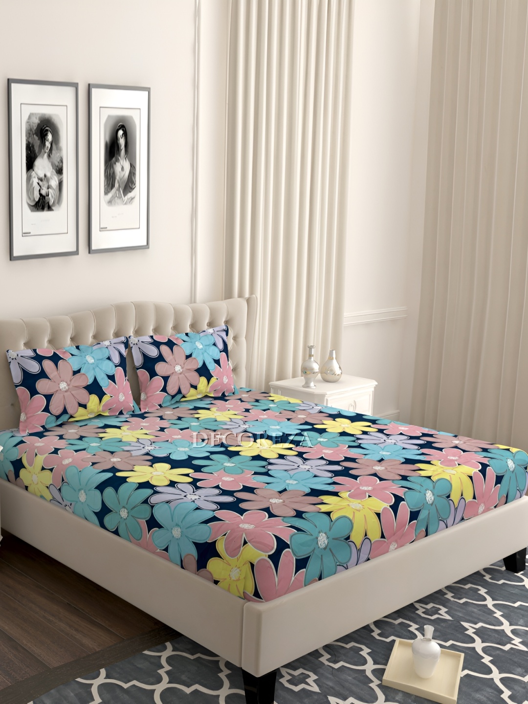 DECOREZA Blue and Yellow 240TC Floral King Bedsheet with 2 Pillow Covers