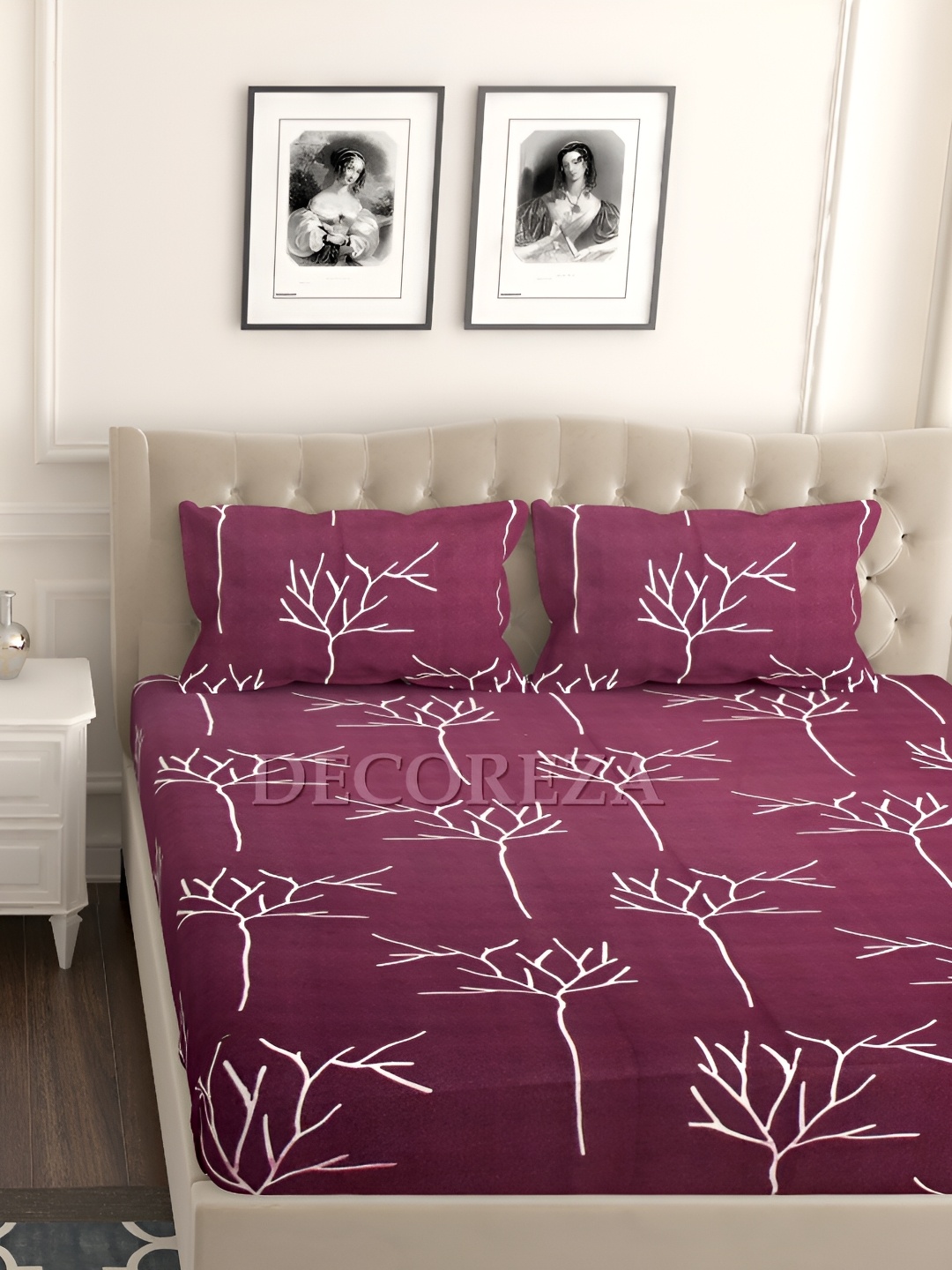 DECOREZA Maroon Floral 240 TC Cotton King Bedsheet with 2 Pillow Covers