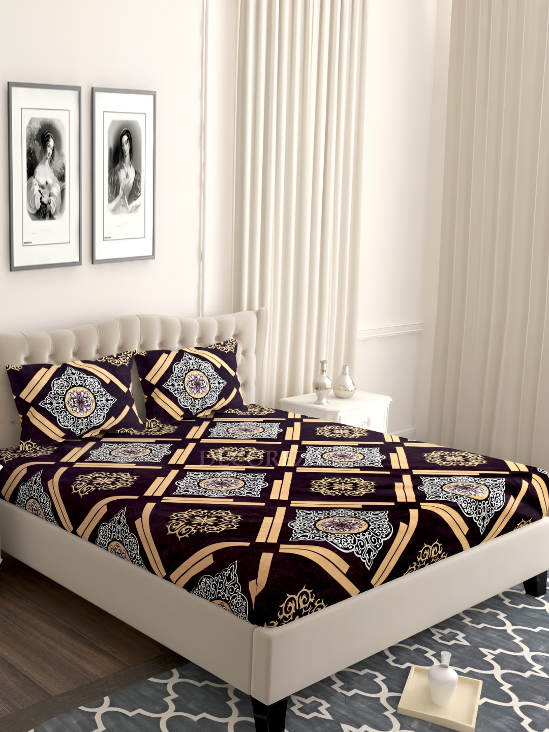 

DECOREZA Black Floral 240 TC Cotton Fitted Double Queen Bedsheet with 2 Pillow Covers