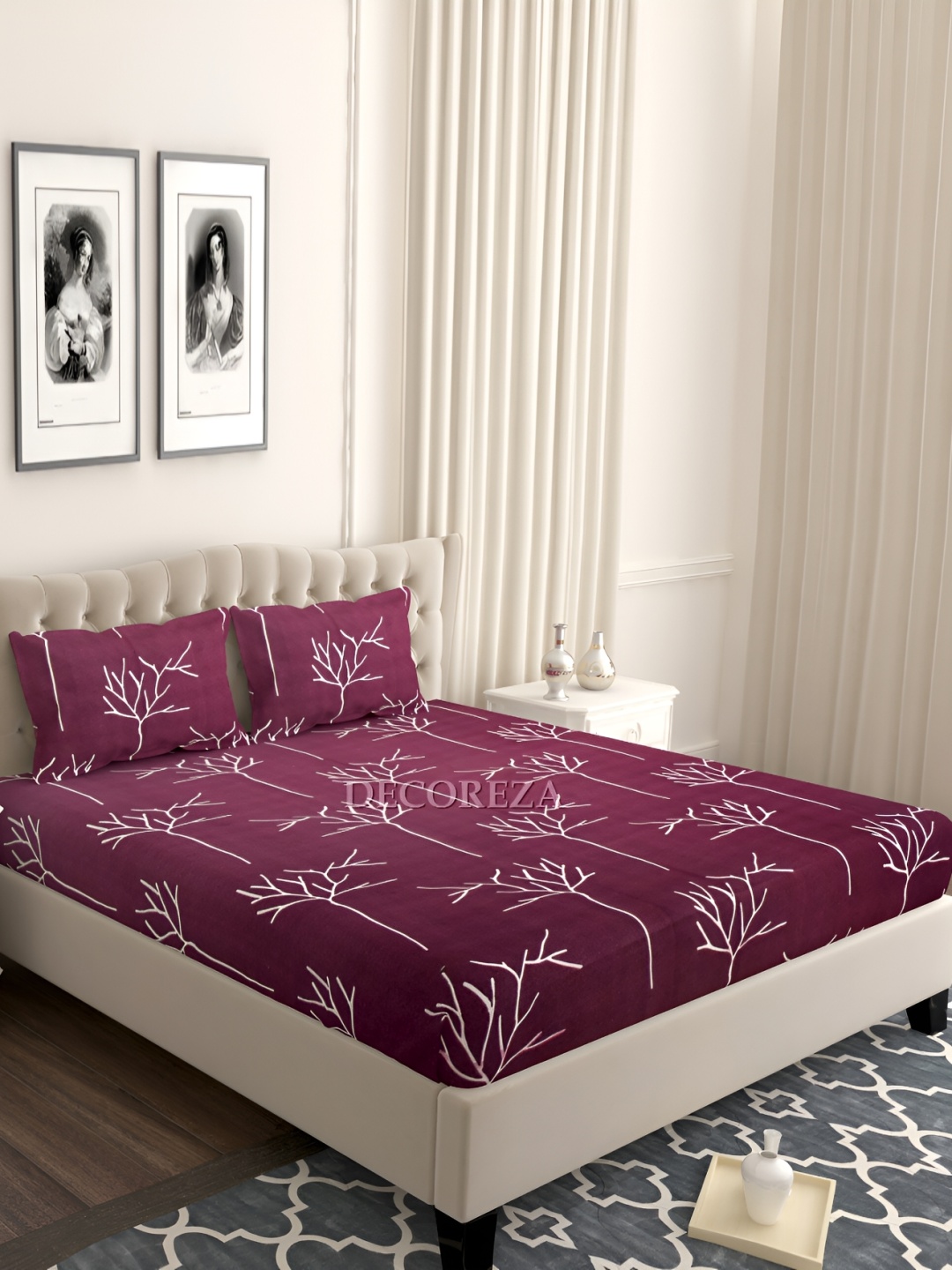 DECOREZA Maroon Floral 240 TC Cotton Fitted King Bedsheet with 2 Pillow Covers