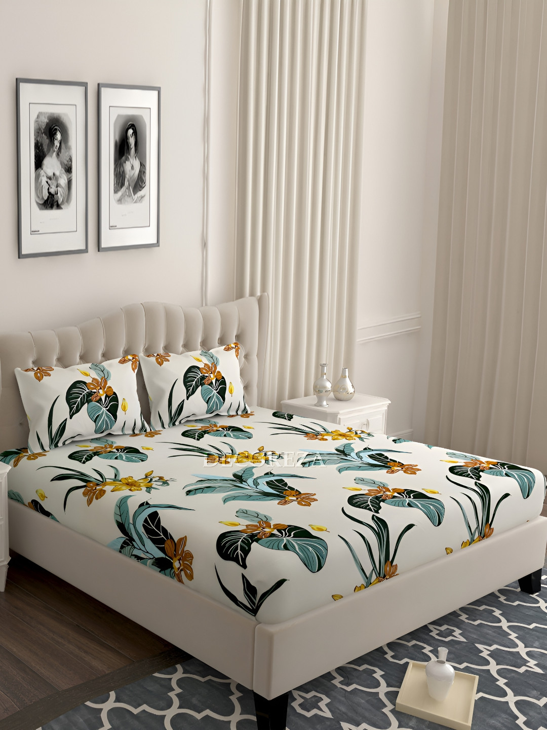 

DECOREZA Green& Blue Floral Cotton 240 TC King Bedsheet with 2 Pillow Covers