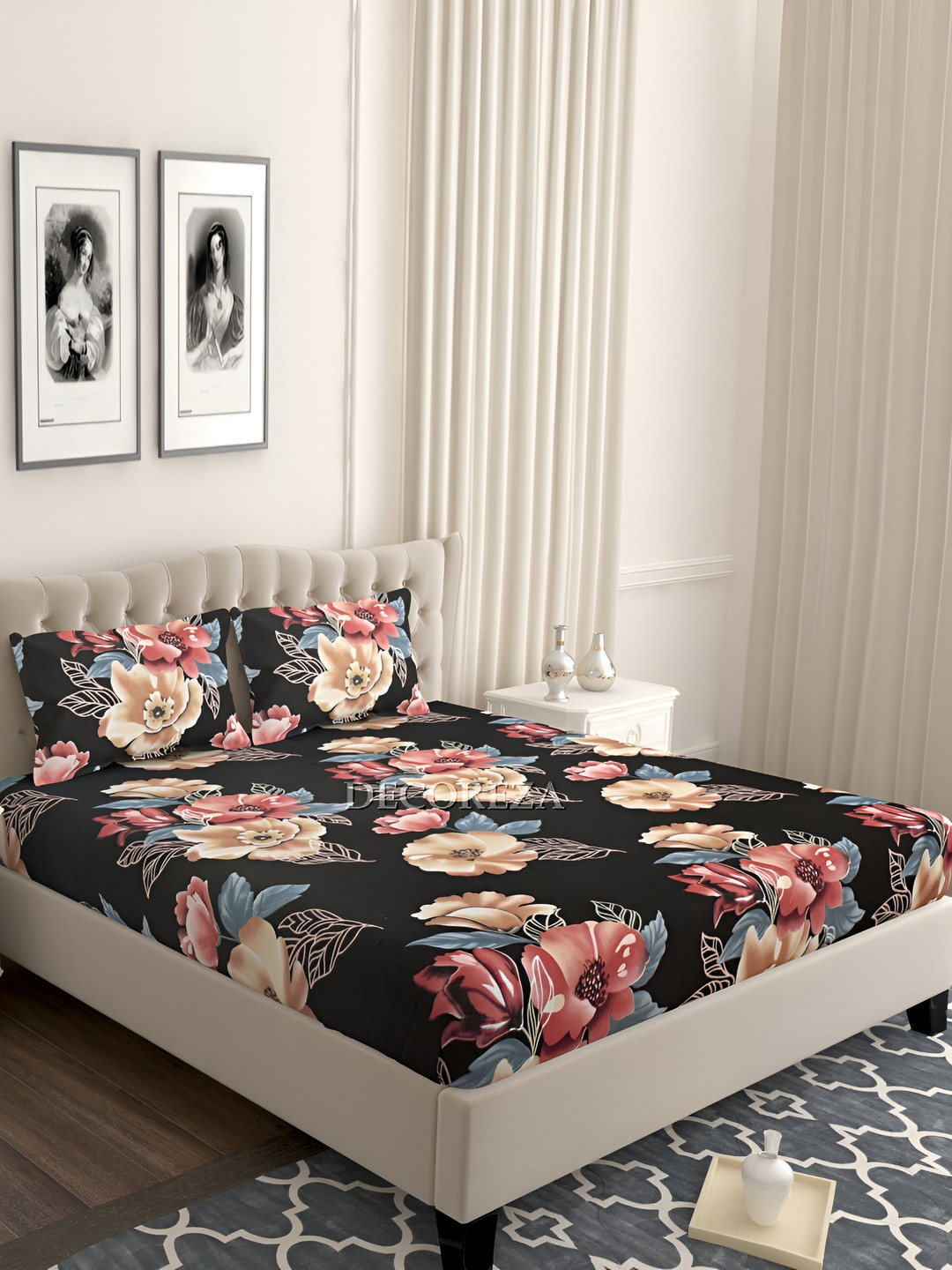 

DECOREZA Black and blue 240TC Floral King Superfine Bedsheet with 2 Pillow Covers