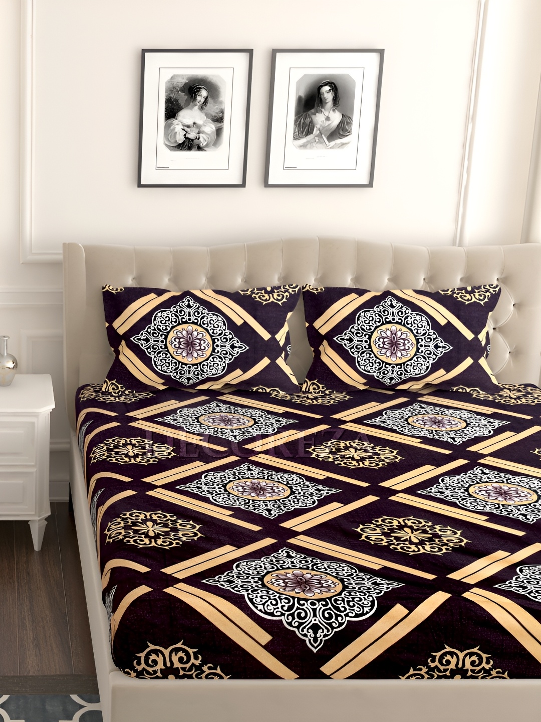 

DECOREZA Black Ethnic Print Cotton King Bedsheet with Pillow Covers