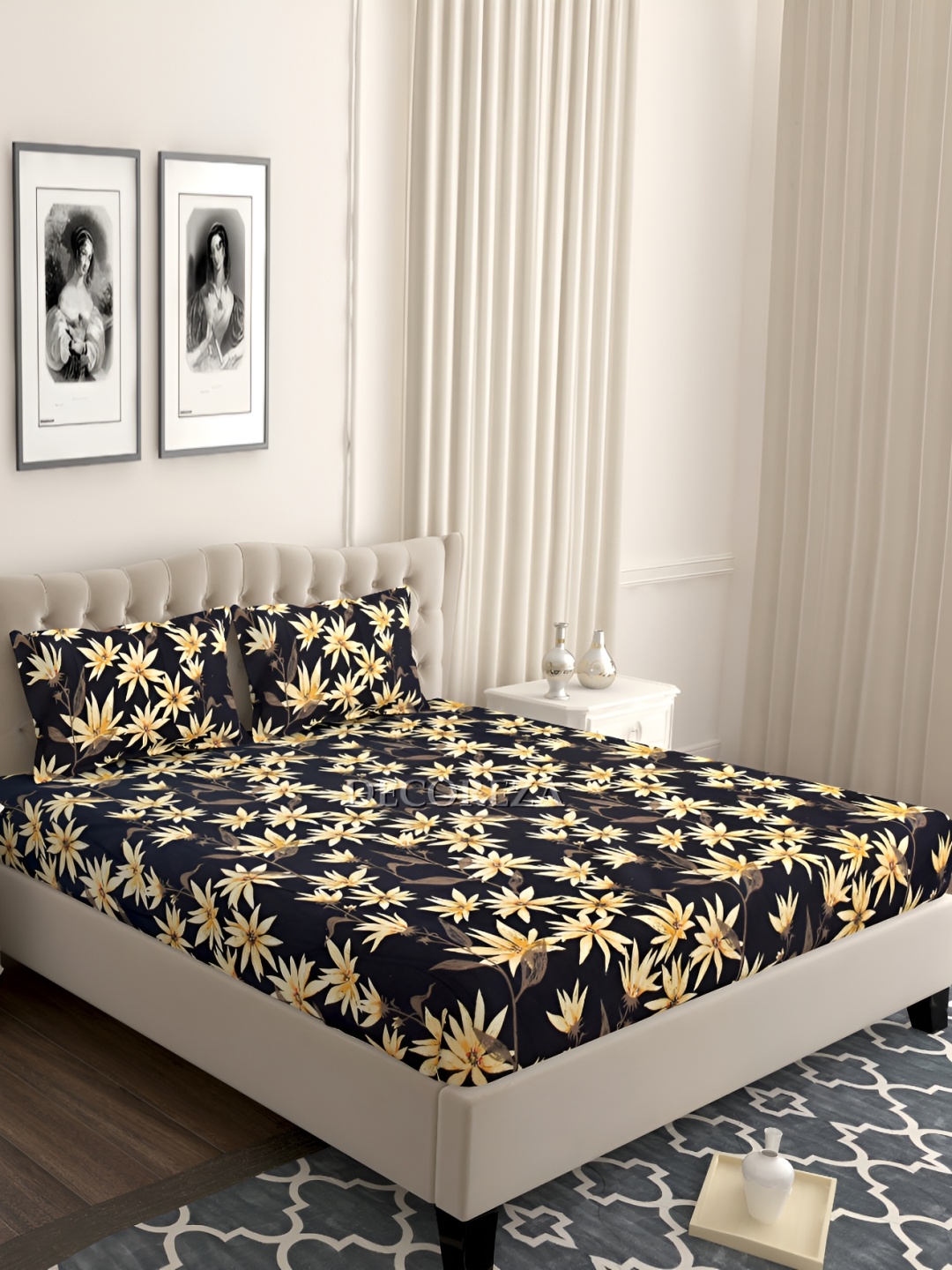 

DECOREZA Black and Yellow 240TC Floral King Bedsheet with 2 Pillow Covers