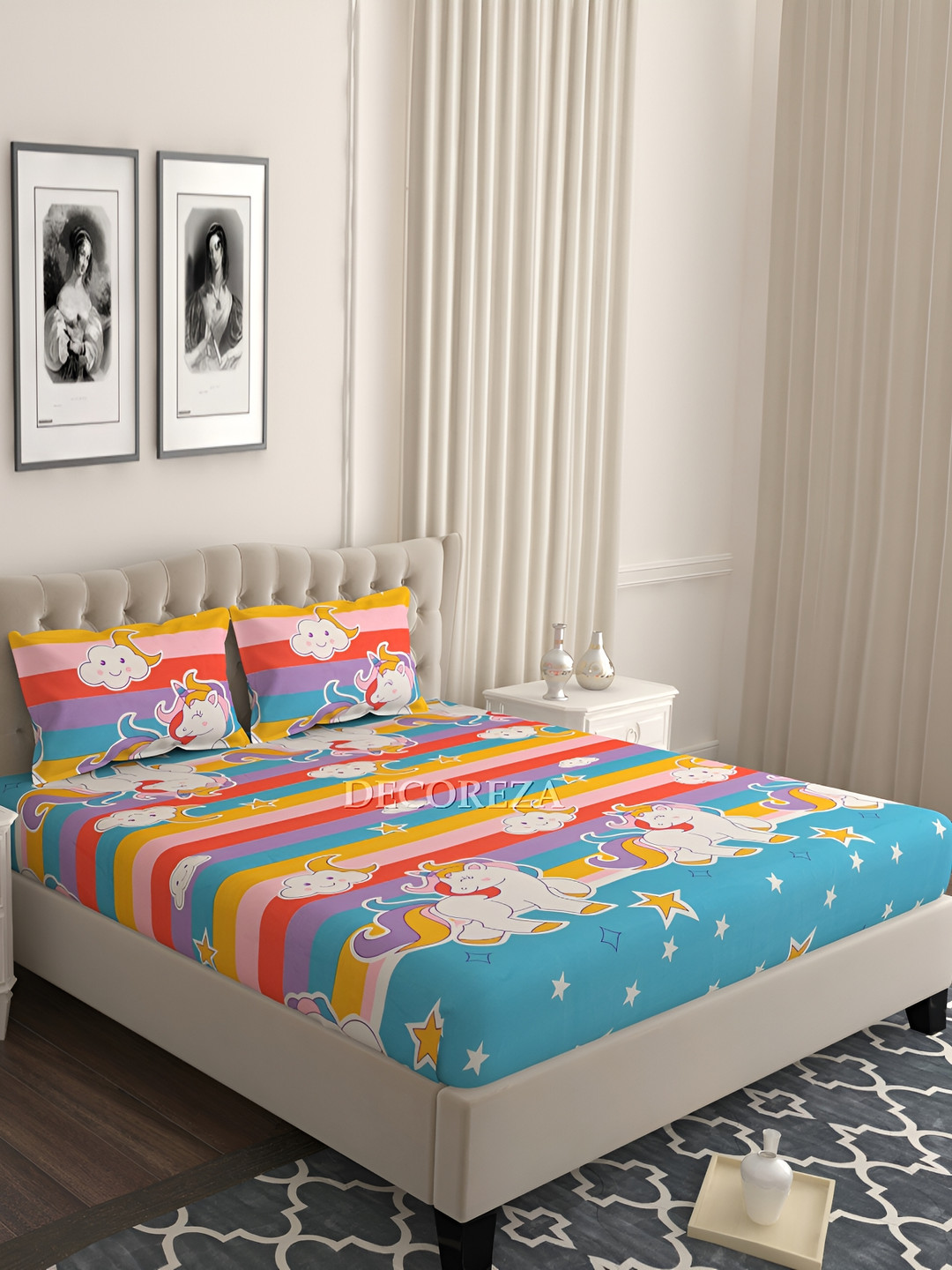 

DECOREZA Blue Cartoon Characters Cotton 240 TC Queen Bedsheet with Pillow Covers