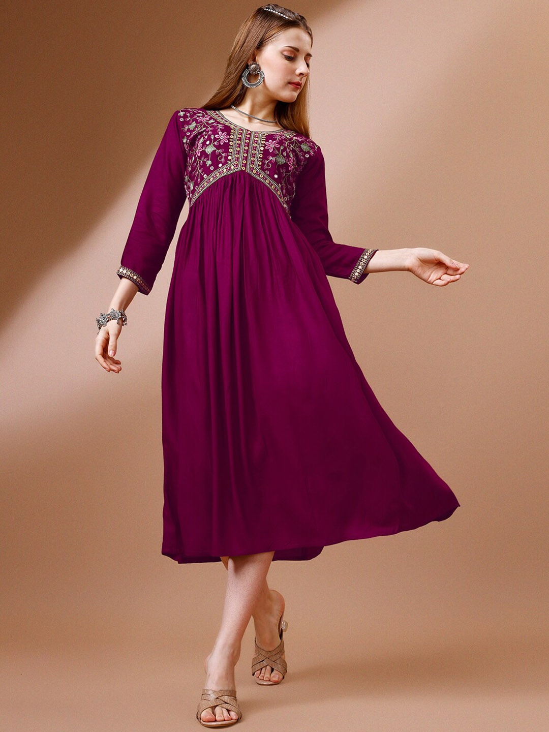 

FabFairy Floral Embroidered Sequined A-Line Ethnic Dress, Purple