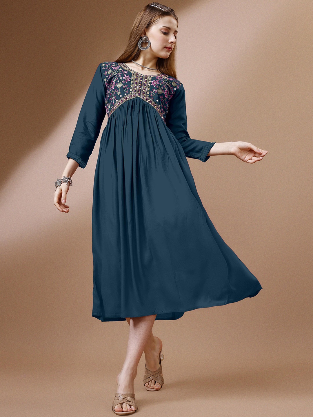 

FabFairy Floral Embroidered Sequined A-Line Ethnic Dress, Blue
