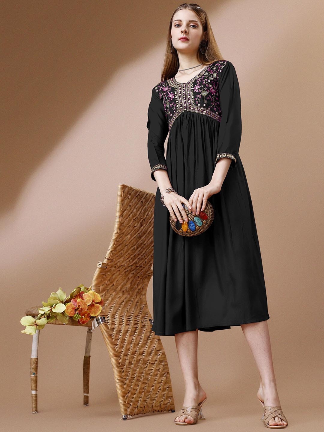 

FabFairy Floral Embroidered V-Neck Pleated Anarkali Ethnic Dress, Black