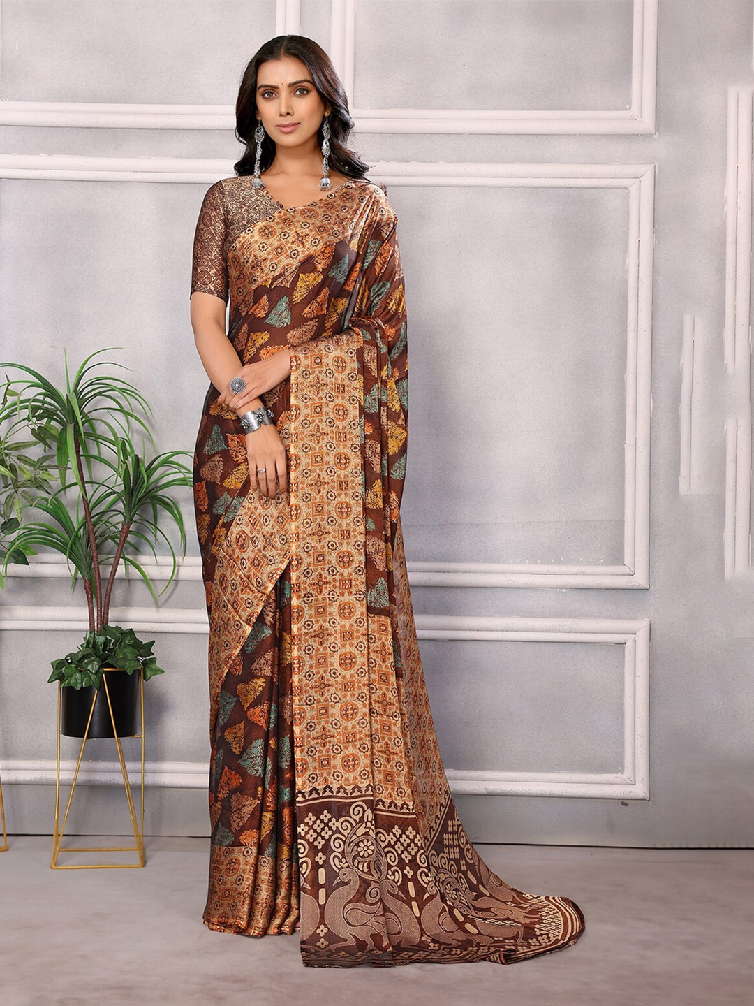

HERE&NOW Brown Floral Printed Pure Chiffon Saree
