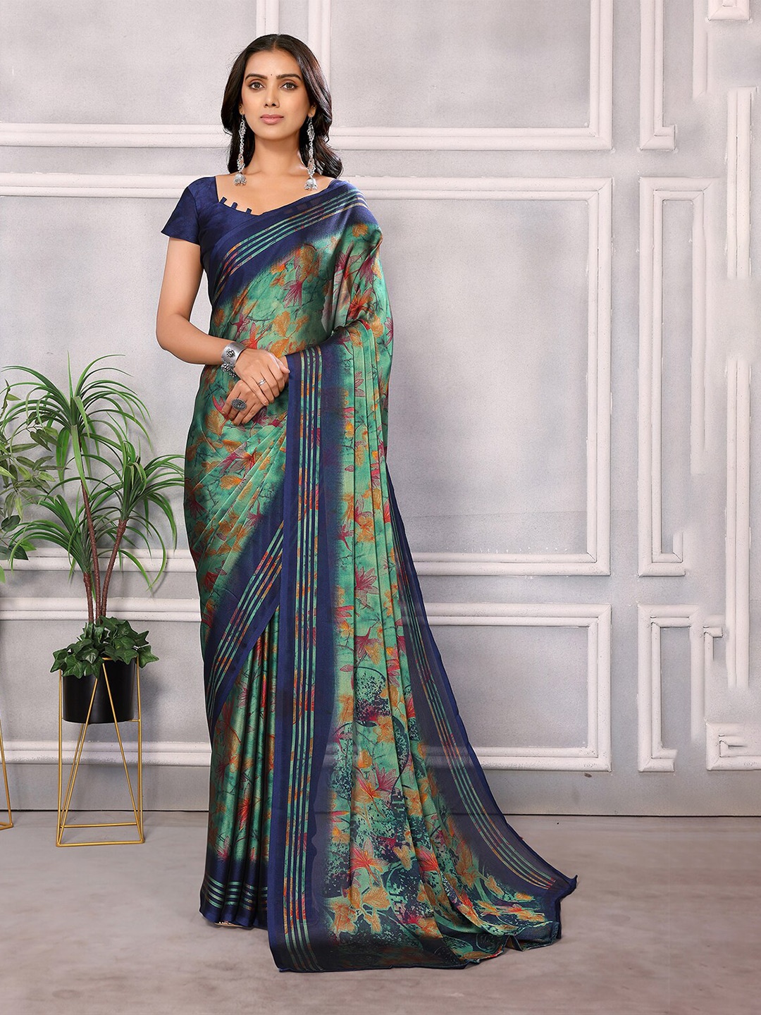 

HERE&NOW Floral Printed Pure Chiffon Saree, Teal